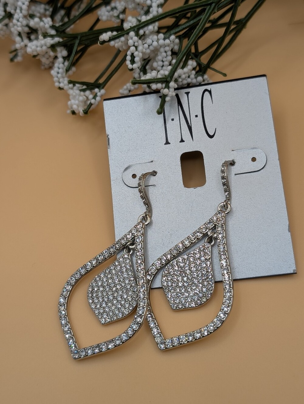 INC Sparkly Silver Pavé Double Teardrop Dangle Earrings NWT